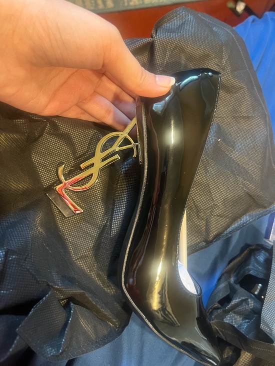 Yves Saint Laurent Shoes - Yves Saint Laurent Black Patent Pumps with Gold YSL Heel Accent